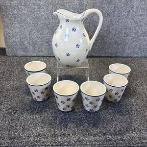 Vtg~Old England Stoneware Pitcher and 6 Matching Tea Cups